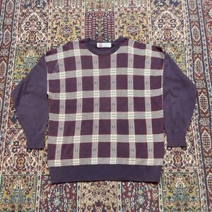 VTG 80s 90s Slazenger Burgundy Brown Plaid Cotton Knit Crewneck Golf Sweater L